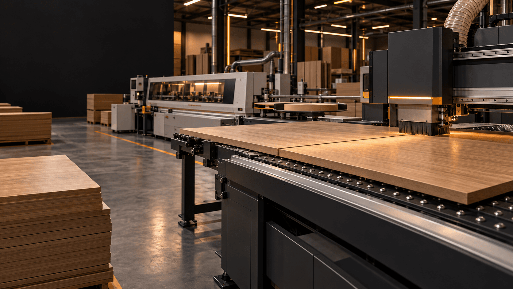 Linha de produção da MOB CORTES: router CNC e coladeira de borda em operação