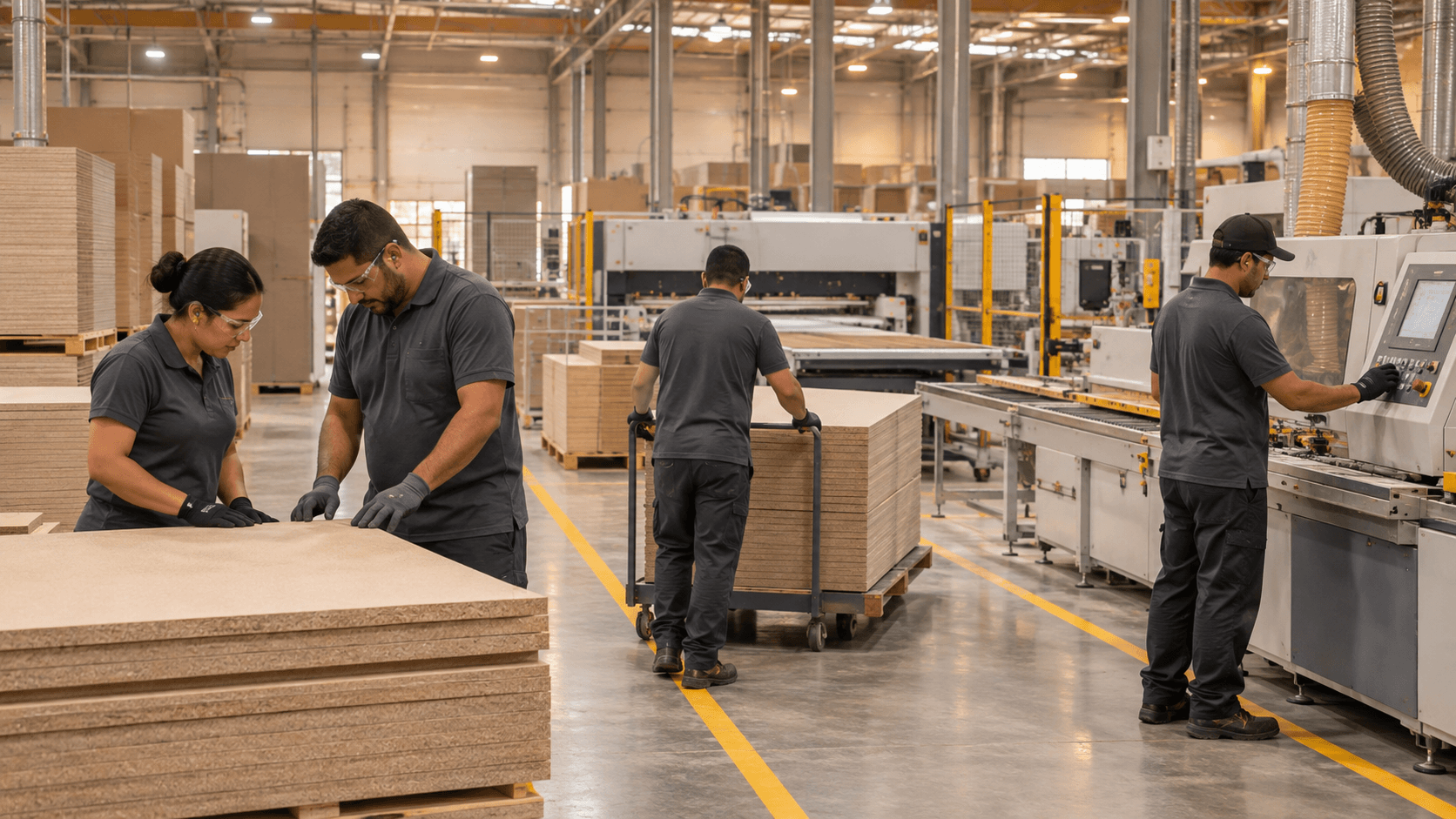 Equipe no galpão de produção conferindo chapas